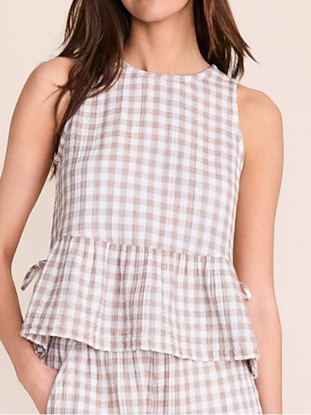 NWT LOU & GREY Sleeveless Beige Checkered Triple Cloth Side Tie Peplum Size M